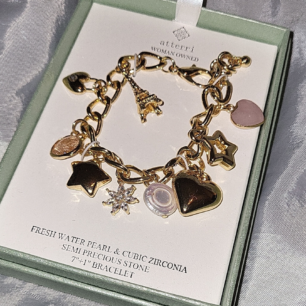 Atterri Fresh Water Pearl Semi Precious Stone 7" + 1" Ext Charm Bracelet Eiffel